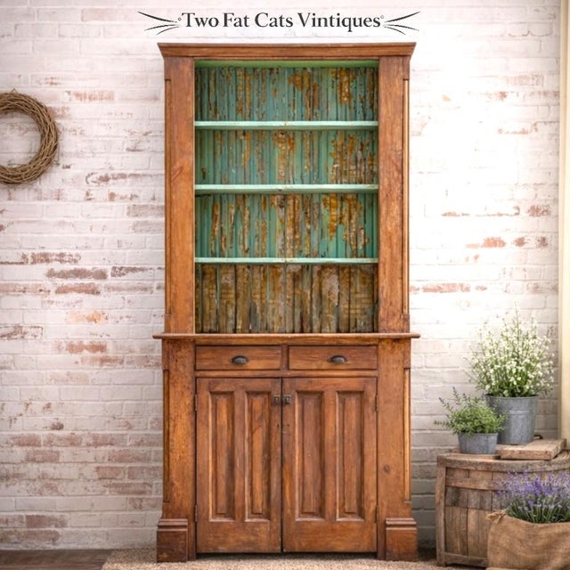 Farmhouse Primitive Stepback Cupboard, Beadboard Back, Layers of Chippy Paint With a Warm Patina For Sale - Image 3 of 11