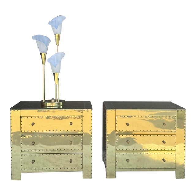 Pair of Vintage Hollywood Regency Brass-Clad Riveted Nightstands With Glass Tops For Sale