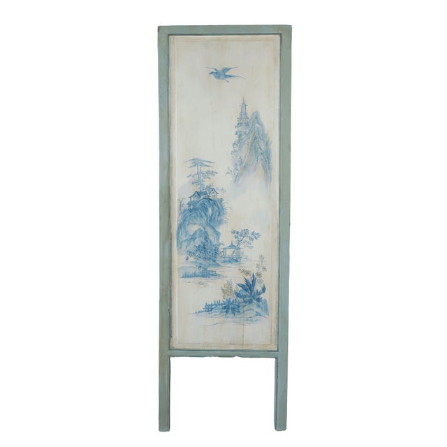 Large Chinese 20th-Century Cabinet With Blue and White Hand-Painted Flowers and Landscape Panels For Sale - Image 9 of 12