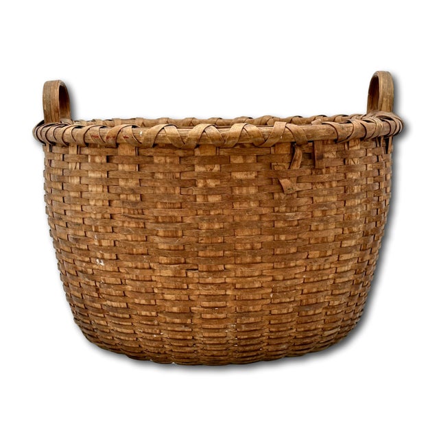Outstanding Large Size Antique American Hand Woven Ash Wood Splint Maine Apple Farm Harvest Basket For Sale - Image 14 of 18
