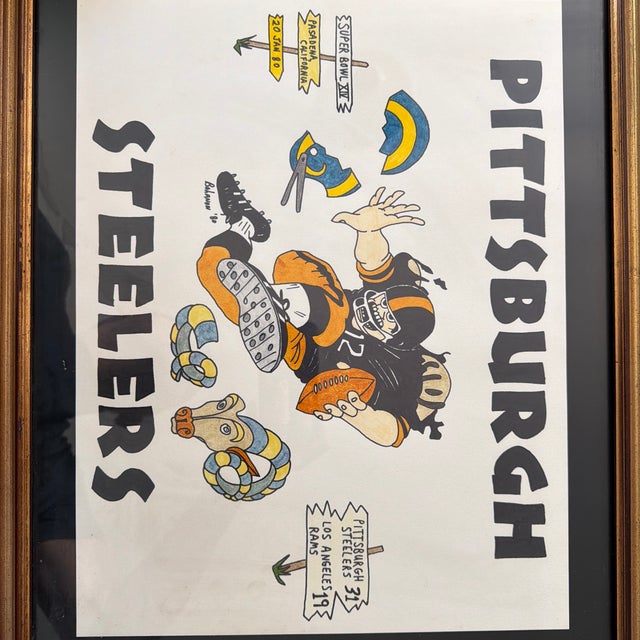 At the center, a cartoon Steelers player wearing #12, Terry Bradshaw's number and the game's MVP, bursts through a torn...