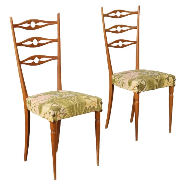 Set of Vintage Chairs in Beech with Fabric Seats, Italy, 1960s For Sale