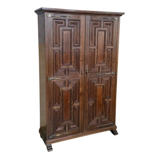 20th Century Armoire, Kitchen Cabinet with Two Doors, Carved Walnut, Spain For Sale