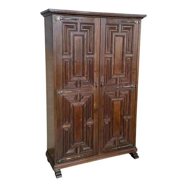 20th Century Armoire, Kitchen Cabinet with Two Doors, Carved Walnut, Spain For Sale