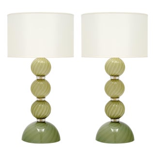 Venetian Glass, Classic Globe Lamps, Soft Green, Murano - a Pair For Sale