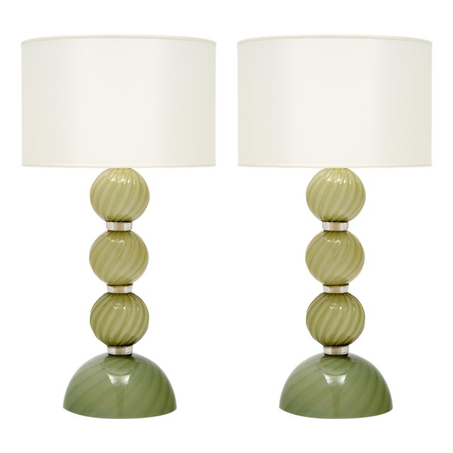 Venetian Glass, Classic Globe Lamps, Soft Green, Murano - a Pair For Sale