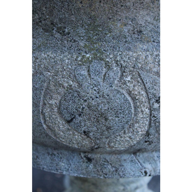 Vintage Pair Of Carved Granite Three Piece Garden Urns On Pedestals For Sale - Image 15 of 18