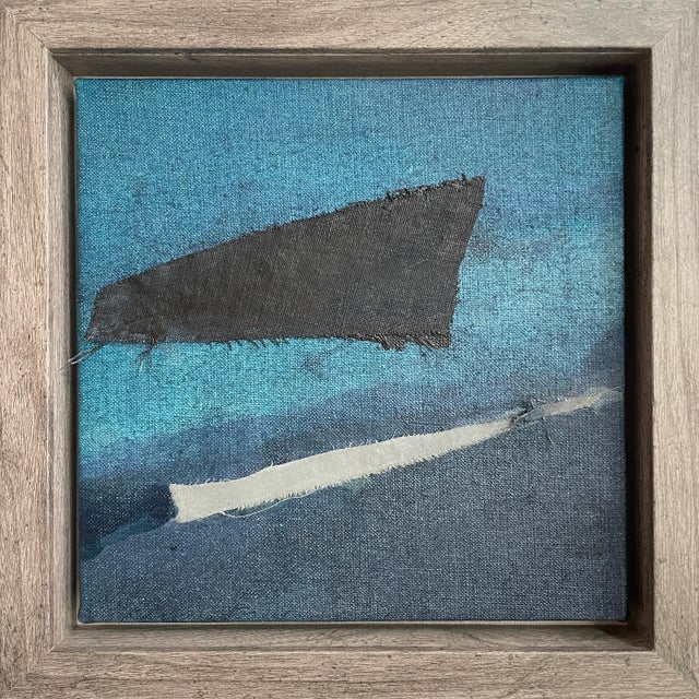 Miniature Navy and Gray Abstract Collage Painting in Shadow Box Frame – Modern Bookshelf Art Decor For Sale