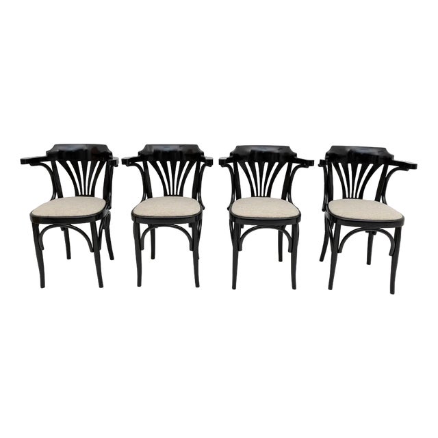 Mid-Century Modern French Ebonized Beech Bistro Chairs, 1970s, Set of 4 For Sale