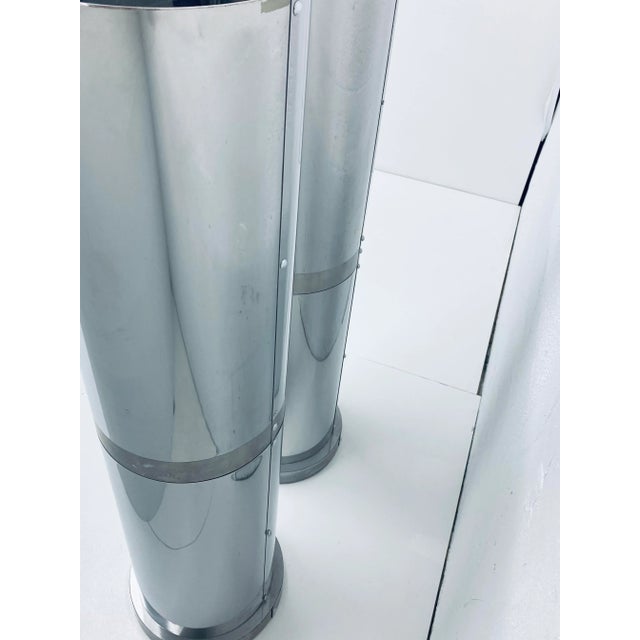 Polished Steel Tall Circular Pedestal Tables With Brushed Steel Banding - a Pair For Sale - Image 10 of 13