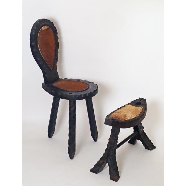 Set of Brutalist Spanish Tripod Chair with Goatskin Stool For Sale - Image 18 of 18