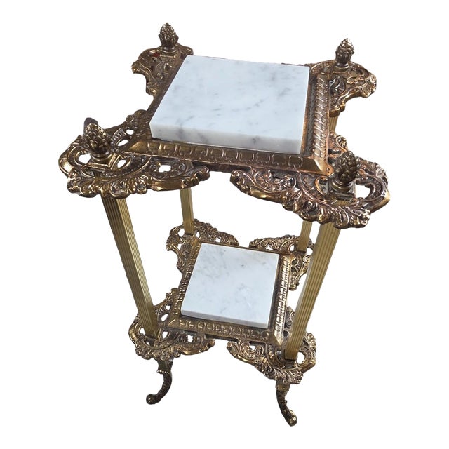 Vintage Hollywood Regency 2-Tier Brass & Marble Stand For Sale