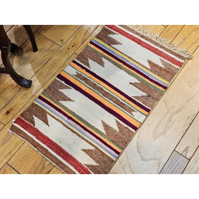 Vintage Native American Navajo Area Rug, Handwoven Wool, Geometric Band Pattern, Ivory, Rust, Purple, Yellow, 2x3 For Sale - Image 12 of 14