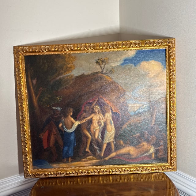 This is an original antique or vintage oil painting executed in the Old Master style, depicting a complex figurative scene...