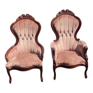 Vintage Victorian Kings & Queen Chairs- Set of 2 For Sale