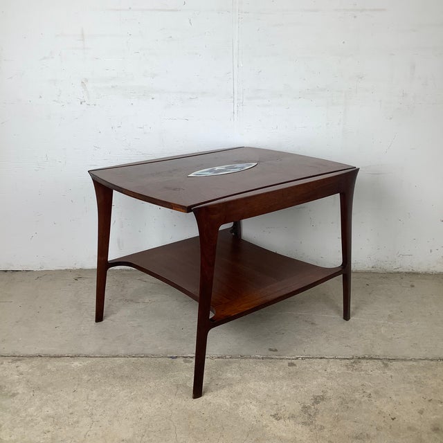 Wood John Stuart Inc. Walnut Two-Tier End Table — Enamel Inlay Top, Splayed Legs, 1960s For Sale - Image 7 of 12