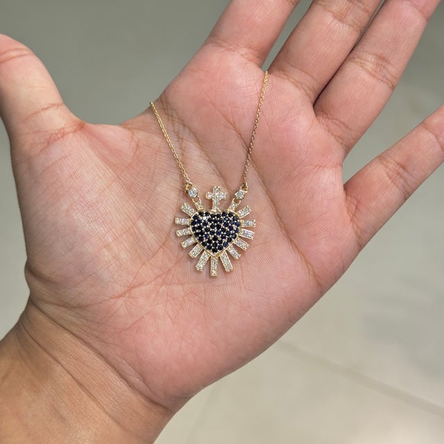 Art Deco Blue Sapphire Diamond Sacred Heart Sunburst Pendant Necklace in 14k Yellow Gold For Sale - Image 3 of 16