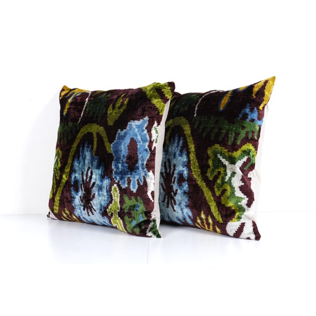 Mid-Century Modern Silk Ikat Brown, Blue, and Green Floral Design Velvet Pillow Cover - Set of Two For Sale - Image 3 of 4