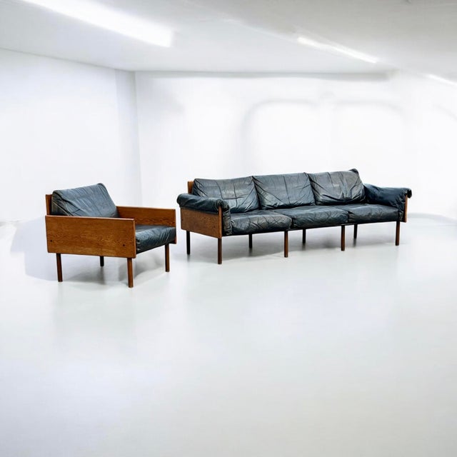 Ateljee Sofa and Armchair in Oak and Leather by Yrjö Kukkapuro for Haimi, 1960s, Set of 2 For Sale - Image 11 of 12