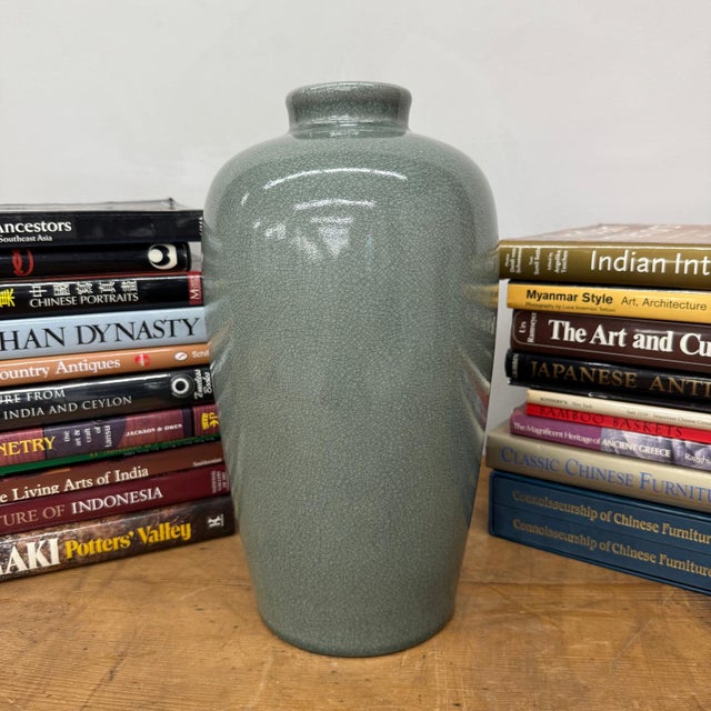 Early 20th Century Celadon Green Vase with Rounded Body and Crackle Detail For Sale - Image 5 of 8