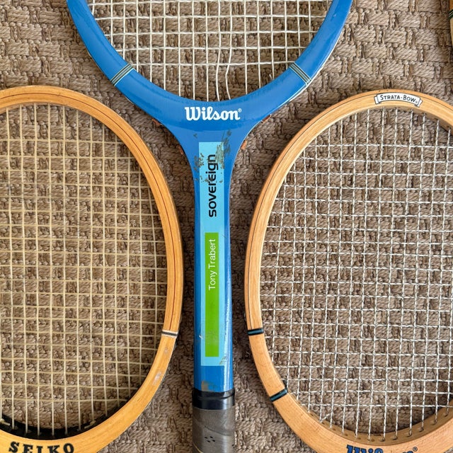 Five midcentury vintage tennis rackets in variety of colors. Great wall decor for game room. Please see condition details...
