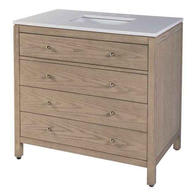 Nora 36 in. W Quartz and Wood Single Sink 3 Drawer Bathroom Vanity Set, Light Oak For Sale