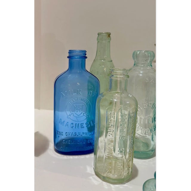American Antique Apothecary Bottle Lot Cobalt Blue Aqua Clear Drugstore Pharmacy Bottles For Sale - Image 3 of 13