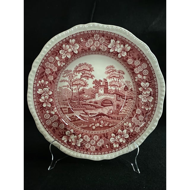 Mid 20th Century Final Markdown. Rare Find; Spode “Pink Tower” Design; English Transferware Soup Plates. Set of 4 For Sale - Image 5 of 9