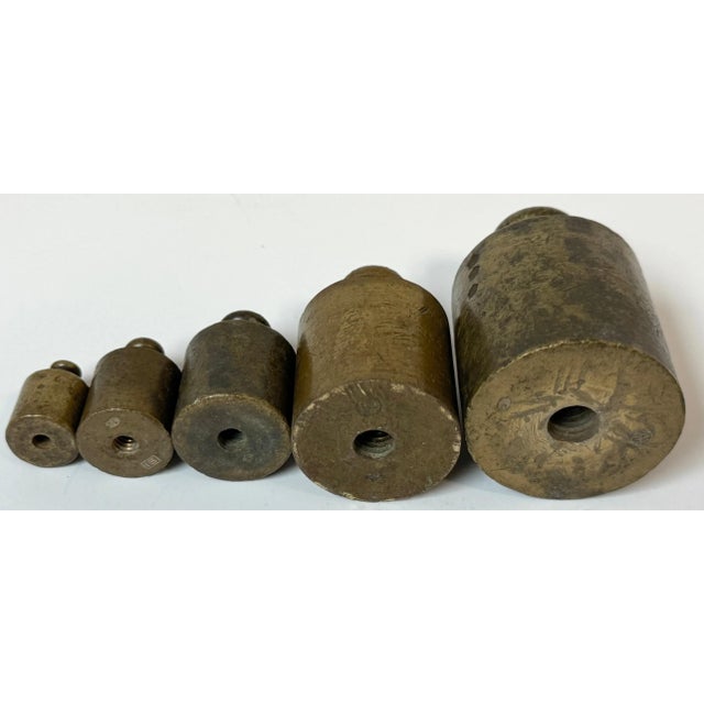 Wood Five 19th C. French Bronze Metric (Apothecary ) Weights, Original Wooden Block For Sale - Image 7 of 8