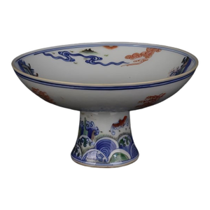 Chinese Vintage Ceramic Stem Bowl,Ming Dynasty Jiajing Marked Blue and White Doucai Porcelain Stem Bowl Hand Painted Playing Children Pattern