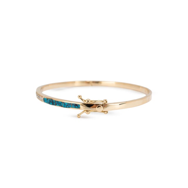 Ladies 14k Yellow Gold 1.27ctw Diamonds & Turquoise Hinged Bangle Bracelet For Sale - Image 4 of 8