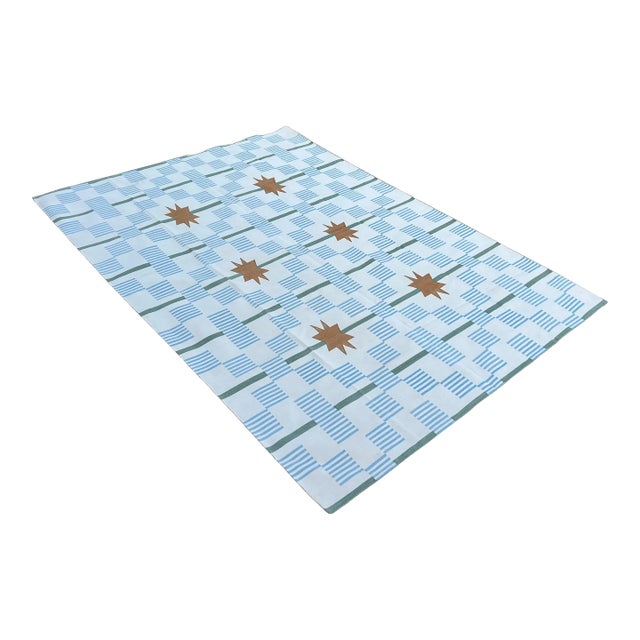 Handmade Cotton Area Rug, Cream, Sky Blue, Green and Tan Star Dash Striped Dhurrie - 9'x12' For Sale