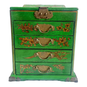 Antique Chinese Green Lacquered Paper Mache Mirrored Jewelry Box Circa 19th Century