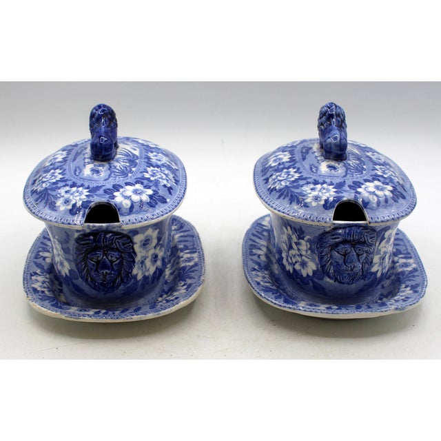Circa 1810-1828 pair of blue & white sauciers & undertrays, English. A charming Staffordshire District pair with...
