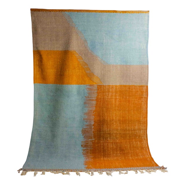 Vintage Folk Art Wool Berber Rug with Abstract Shapes in Blue and Orange, 1970s For Sale