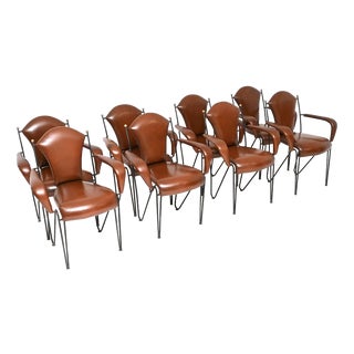 Vintage Leather and Steel Dining Chairs attributed to Frederic Weinberg, 1960, Set of 8 For Sale