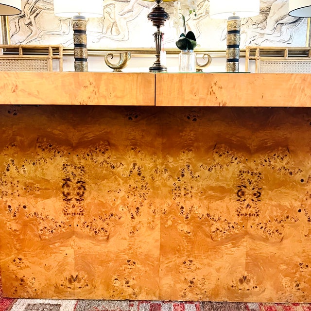 Milo Baughman Style Burl Wood Extendable Pedestal Dining Table For Sale - Image 11 of 15