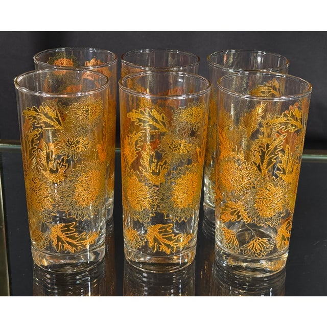 Mid 20th Century Vintage Hollywood Regency 22k Gold Chrysanthemum Highball Glasses - Set of 6 For Sale - Image 5 of 7