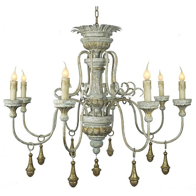 Contemporary Turned Distressed Rustic Gray Gold Chandelier For Sale - Image 3 of 3