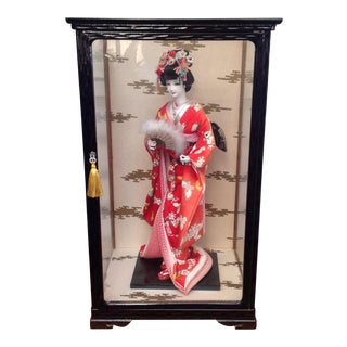 Vintage Japanese Geisha Doll in Glass Case For Sale