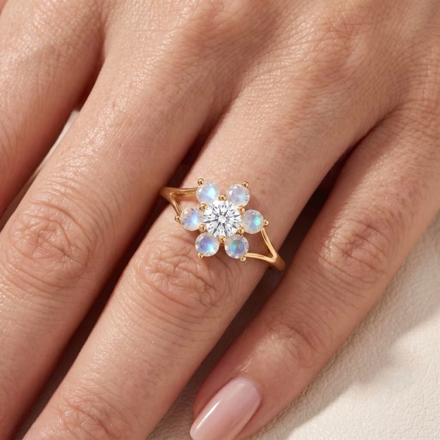Natural Moonstone Flower Ring | Gemstone Split Shank Ring | Floral Cluster June Birthstone Ring Us 7 (All Sizes Available) For Sale - Image 4 of 4
