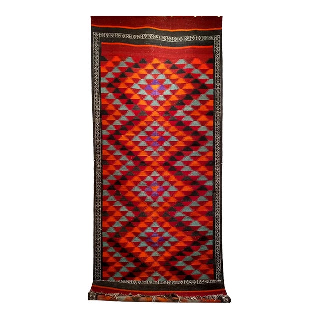 Vintage Moroccan Kilim Rug, Hand-Woven Wool, Geometric Pattern, 5' X 13' For Sale