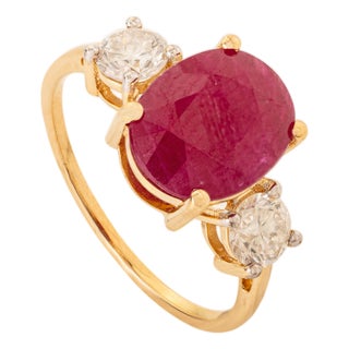 Art Deco Natural 3.19Ct Oval Cut Ruby & Diamond Ring Size 5 in 14k Yellow Gold For Sale