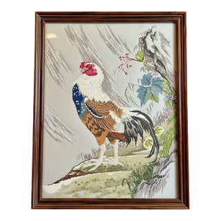 Vintage Bunka Embroidery Rooster Art-Framed-Japanese Punch Needlework-Textile For Sale