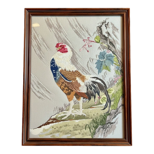 Vintage Bunka Embroidery Rooster Art-Framed-Japanese Punch Needlework-Textile