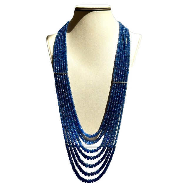 760 Carat Natural Sapphire Bead Seven Strand Necklace 14K Gold With Spacer 28" For Sale - Image 15 of 18