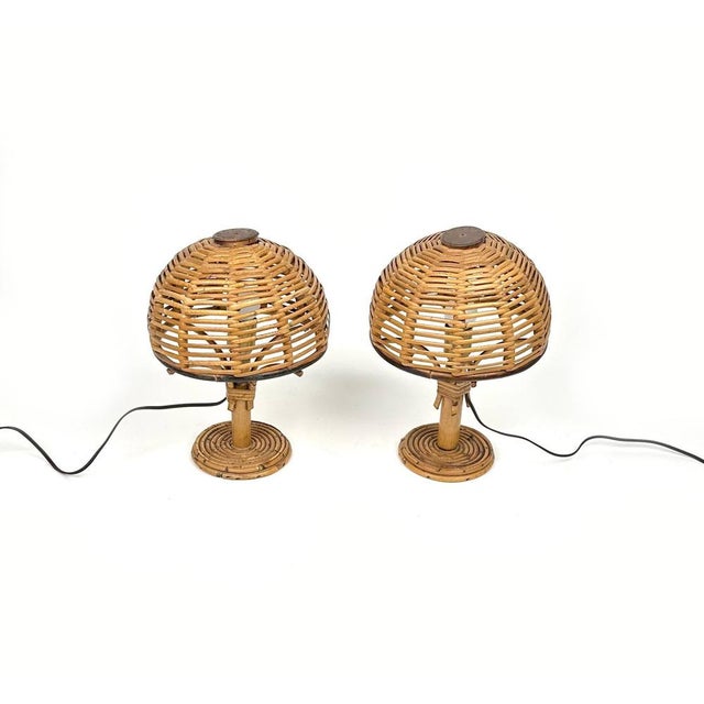 1960s Mid-Century Bamboo & Rattan Table Lamps in the style of Louis Sognot, Italy, 1960s, Set of 2 For Sale - Image 5 of 14