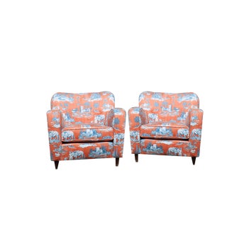Set of Italian Armchairs in Printed Orange Velvet Fabric attributed to Paolo Buffa, 1950s For Sale