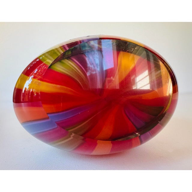 Late 20th Century Badash Hand Blown Art Glass Rainbow Stripe Vase Black Rim 9" Colorful For Sale - Image 9 of 10