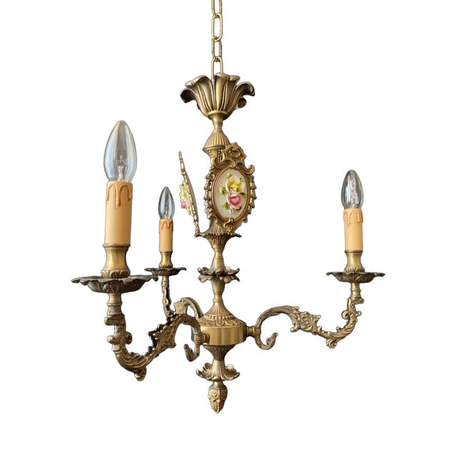 Antique Chandelier with Ceramic Decorations, 1960s For Sale
